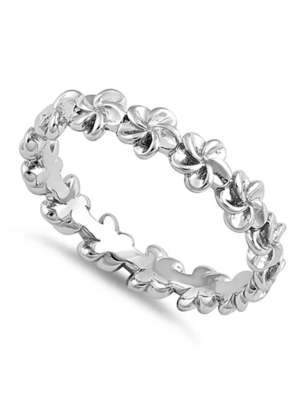 Hawaiian Plumeria Flower Eternity Band Ring 4.2 mm 925 Sterling Silver - Picture 1 of 16